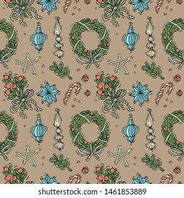 Vector hand draw design for Christmas greetings pattern. Seamless Xmas background, banners or posters and other printables. Winter holidays design elements
