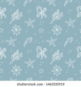 Vector hand draw design for Christmas greetings pattern. Seamless Xmas background, banners or posters and other printables. Winter holidays design elements