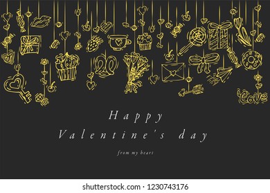 Vector hand draw design for Happy Valentines day greetings card with golden color. Typography and icon for Valentines background, banners or posters and other printables. Love design elements