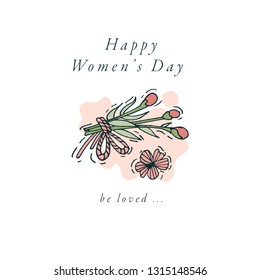 Vector hand draw design for Women's dayg reetings card colorful color. Typography and icon for 8 march background, banners or posters and other printables. Spring holidays design elements
