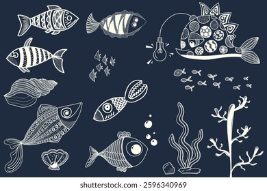 vector hand draw different fish in white chalk on a blue background	
