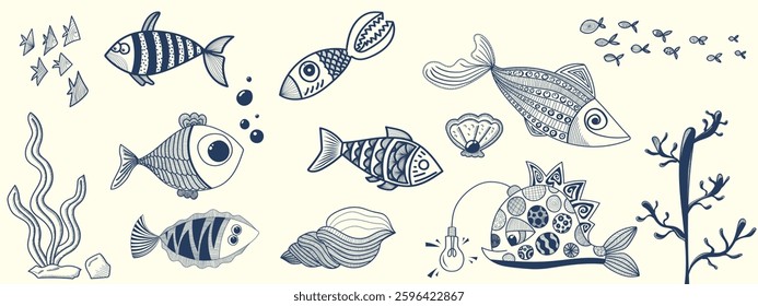 vector hand draw different fish in white chalk on a blue background