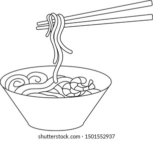 Vector of Hand draw doodle noodle in a bowl with stick.