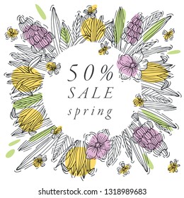 Vector hand draw flowers design for spring sale card colorful color. Typography and icon for special sale offer background, banners or posters and other printables