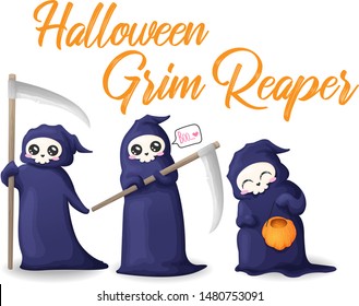 Vector hand draw Halloween collection of cute Grim Reaper with quote boo and pumpkin or jacks lamp and scythe in different poses in cartoons style.