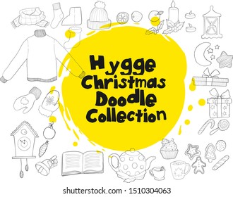 Vector hand draw hygge doodle collection of christmas element. Set with sketches x-mas objects in cartoons style. Holly Jolly xmas item in outlines kids style.