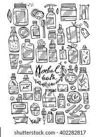 Vector hand draw icons set of  Bubble Bath,bath oil with a sprig of rosemary,pure fragrance oils,floral milk bath,Body Lotion,Soak.Exclusive bath line Packaging.Everything you need for  perfect bath 
