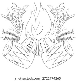Vector Dibujo a mano ilustración de una Imagen en blanco y negro del Festival de Lohri Icónico