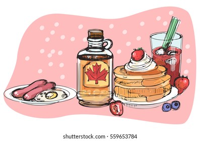 Vector hand draw illustration Canadian breakfast table.