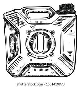 Vector hand draw illustration of canister for snowmobile isolated on white background. Petrol container icon . Outline plastic jerrican. 