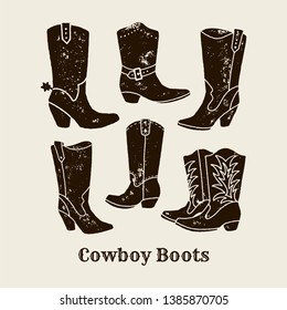 Vector hand draw illustration of cowboy boots in retro style. Icon isolated on white background. Design element for poster, flyer, postcard, web design, t-shirt print