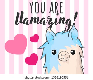 vector hand draw illustration of cute alpaca or llama on white background with pink stripes and hearts cartoon poster with lettering quote you are llamazing