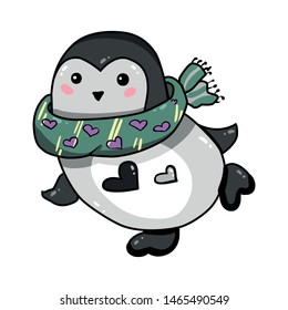 Vector hand draw illustration of cute cartoon character isolated on white background. Penguin in a green scarf with pink hearts print.