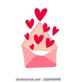 Vector hand draw illustration of an envelope with hearts. Opened envelope with hearts. Love letter. Be my valentine. Love letter for Valentine's day, cute sticker