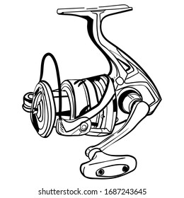 Vector hand draw illustration of fishing reel isolated on white background. Vector icon of tackle designed in outline & stroke style. It can be used for web, ux ui  mobile application.