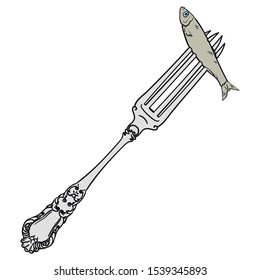 Vector hand draw illustration of fork with fish isolated on white background