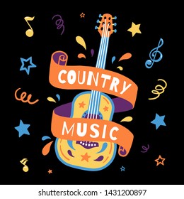 vector hand draw illustration with guitar and country music lettering. Perfect for decorating the festival. The poster or the poster on a black background