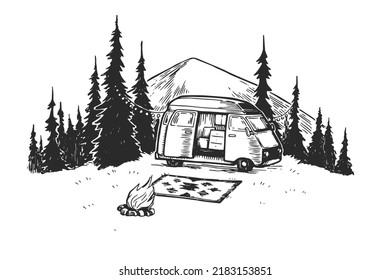 Vector hand draw illustration of landscape with mountains, forest, minivan and bonfire. Sketch of scenery of wild nature with camp. Camping life.