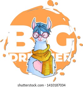Vector hand draw illustration of llama with motivation quote on colorful background. Alpaca with motivation text for stickers, posters, postcard or textile. 