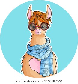 Vector hand draw illustration of llama on blue background. Alpaca for stickers, posters, postcard or textile. 