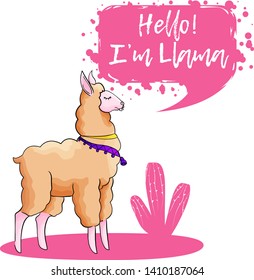 Vector hand draw illustration of llama with motivation quote hello im llama on colorful background. Alpaca with motivation text for stickers, posters, postcard or textile. 