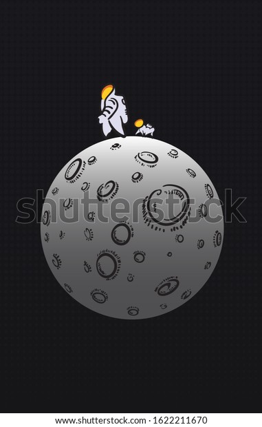 Vector hand draw illustration of moon and\
astronauts isolated on black\
background