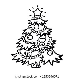 Vector hand draw illustration of New year tree with star, garlands and Christmas toys isolated on white background and designed in outline and stroke style. It can be used for web, ux ui  mobile app.