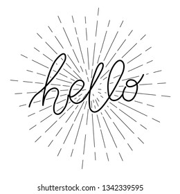 Vector hand draw illustration on white background. lettering. Hello summer, beach, sun, fruit. firework. black and white.