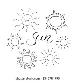Vector hand draw illustration on white background. lettering. Hello summer, beach, sun, fruit.
