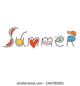 Vector hand draw illustration on white background. lettering. Hello summer, beach, sun, fruit. For Housewarming Posters, Greeting Cards. 