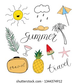 Vector hand draw illustration on white background. lettering. Hello summer, beach, sun, fruit.