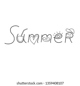 Vector hand draw illustration on white background. lettering. Hello summer, beach, sun, fruit.