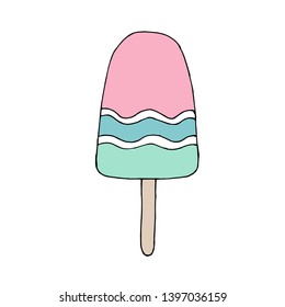 Vector hand draw illustration on white background. Cold ice cream. Hello summer, beach, sun. Greeting card, doodle.