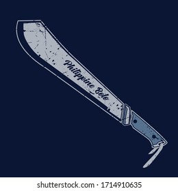 Vektorillustration handgezeichnet Illustration von Philippine Bolo einzeln auf blauem Hintergrund. Langes gebogenes Messer, das zum Abschneiden von Lianen, Büschen, kleinen Bäumen geeignet ist. Kollektion von kalten Waffen für Konzepte, Web, Apps