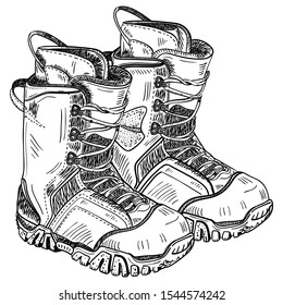 Vector hand draw illustration of snowboard boots isolated on white background. Sportwear equipment. Elements for ski resort picture, mountain activities.