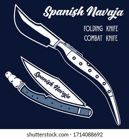 Dibujo a mano vectorial de Navaja española aislado en fondo azul. Conjunto vectorial de la cuchilla plegable diseñado en estilo de contorno y trazo.  Colección de armas frías para conceptos, web y aplicaciones.