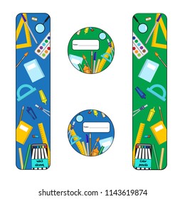 vector hand draw illustration with two bookmarks and two namestickers of school items
