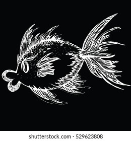 Vector hand draw Illustration with white decorative fish on a black background