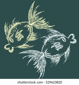 Vector hand draw Illustration with white decorative fish on a green background