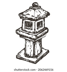 Linterna de piedra japonesa dibujada a mano vectorial aislada en fondo blanco. Ilustración monocroma en estilo de época de esbozo.