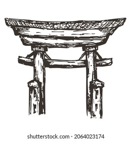 Portada de vectores dibuja puerta del infantería japonesa aislada en fondo blanco. Ilustración monocroma en estilo de época de esbozo.