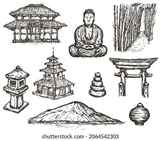 Vector hand draw japanese travel elements isolated on white background. Monochrome illustration in sketch vintage style.