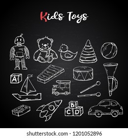 Vector hand draw kids toys set in doodle style,isolated on a  chalk blackboard.Child toys white silhouette clip art collection isolated on a black background.Teddy bear,robot,duck,car,train,ship sign