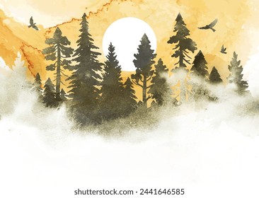 Vector hand draw landscape with sunset, coniferous forest, birds. Design for print, postcard, poster, banner.  Watercolor nature template with splashes