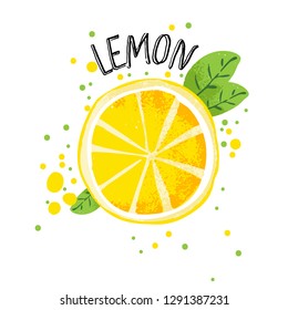 Vector hand draw lemon illustration. Half and slice of lemons with juice splashes isolated on white background. Textured yellow citrus sketch, juice citrus fruit with word Lemon on top. Fresh ripe