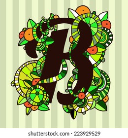 Vector hand draw letter with orange green ornament. Eps10