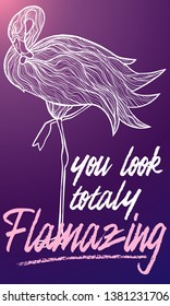 Vector hand draw line illustration of flamingo with motivation quote on beautiful gradient background