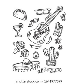 Vector of hand draw the Mexico item set. Doodle Mexican food, tequila, red chill, sombrero, guitar, tacos