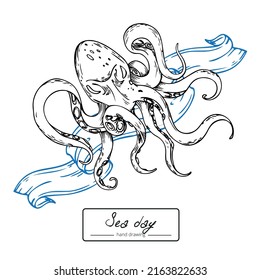 Pulpo de dibujo de la mano del vector con
cuerda y cinta