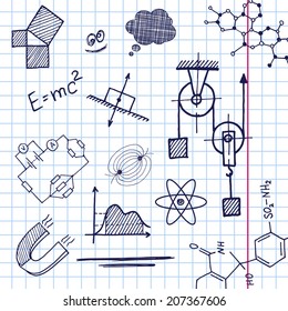 Vector hand draw phisics elements on exercise book sheet background. Eps10